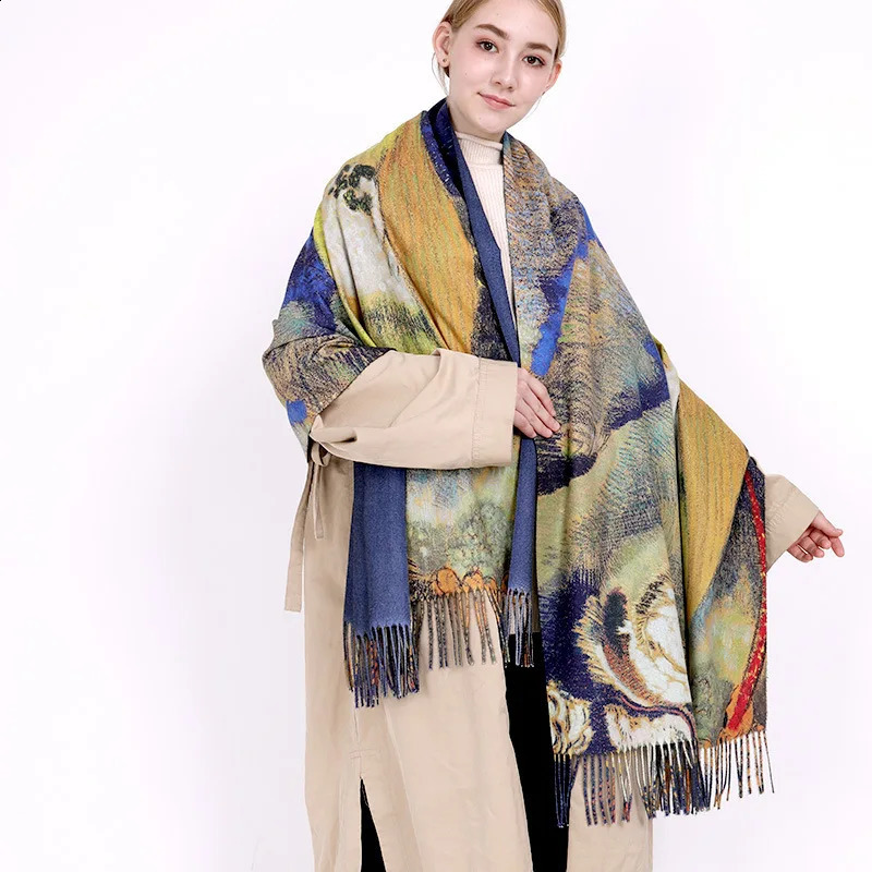 Fashion Oil Painting Scarf Women Winter Warm Van Gogh Painting Tassel Scarves Unique Long Print Wraps Shawl 240909