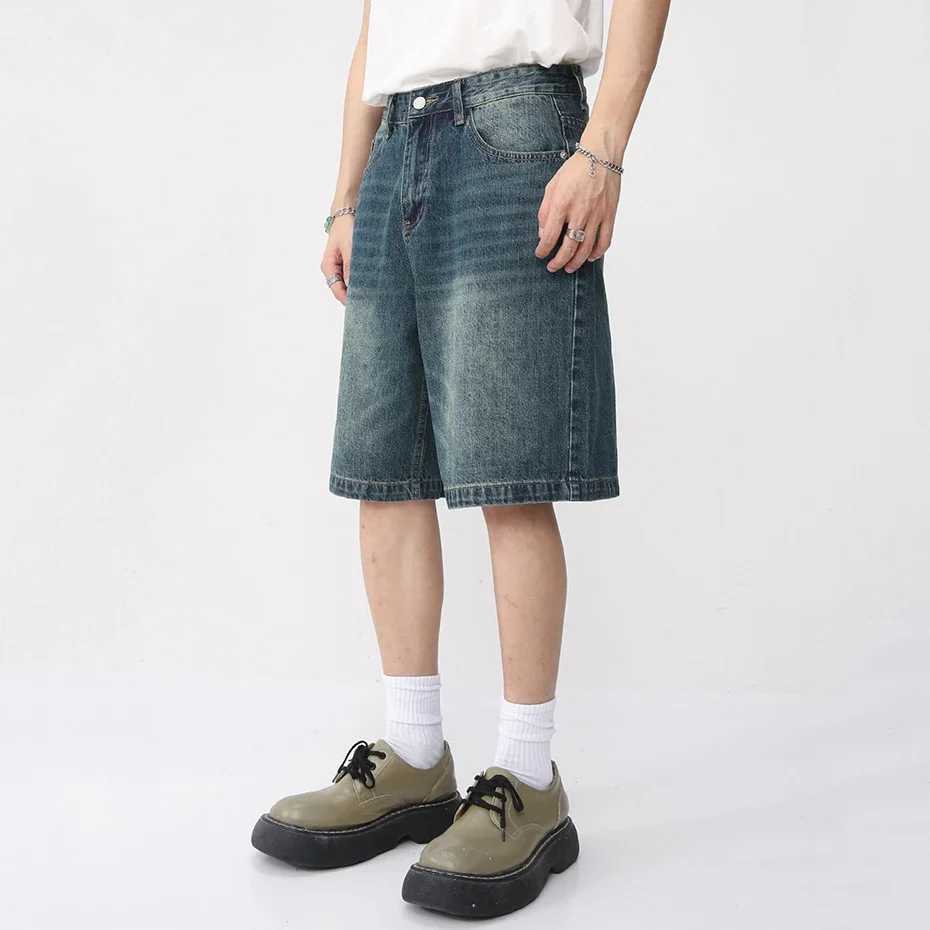 Men Vintage Blue Denim Shorts Summer Casual Loose Jeans Shorts Retro Harajuku Streetwear Hip Hop Y2K Shorts Man Y240914