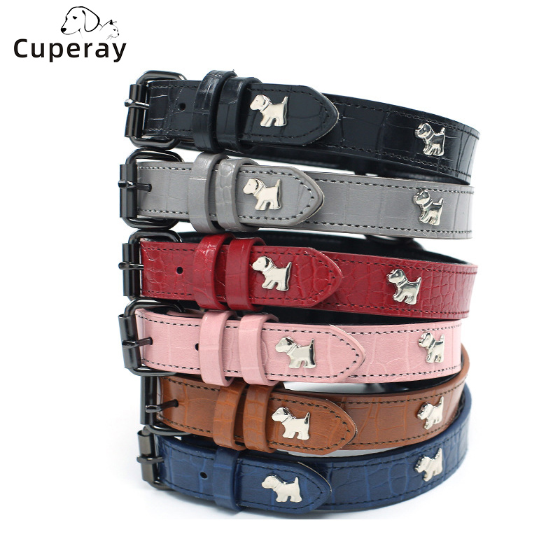 Leather Dog Collar Adjustable Crocodile Leather Pet Collar Embedded Puppy Graphics Decoration for Small, Medium and Large Dogs