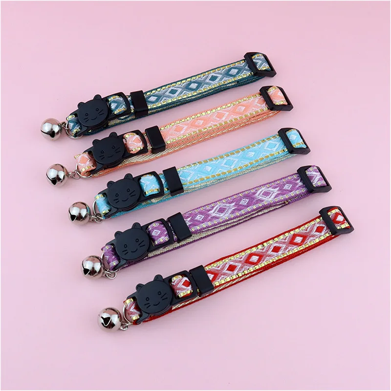 Cat Collar Bell Gold Silk Edge Ethnic Style Pet Collar Anti-Suffocation Adjustable Small Dog Cat Collar Pet Supplies Accessories