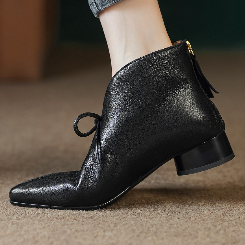 women's danxuefei sheepskin pointed toe back zip slip-on autumn ankle boots casual female soft comfortable short booties shoes ec97