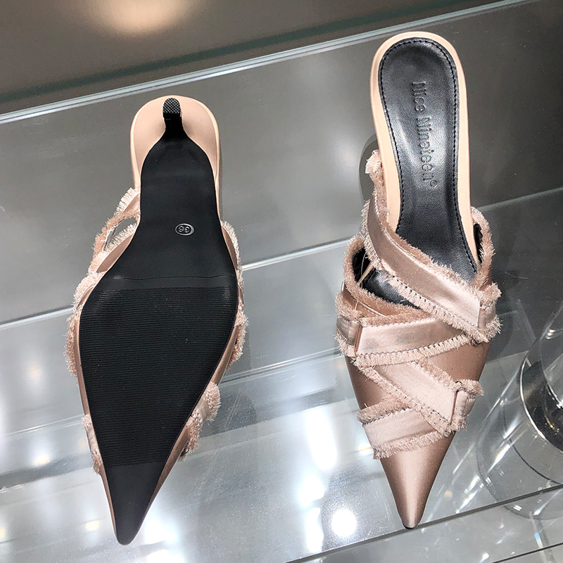 Heel Medium For Ladies 2023 Designer Fashion Denim Female Pointed Toe Pumps Heels Mules Slides Elegant Women Shoes 049d s
