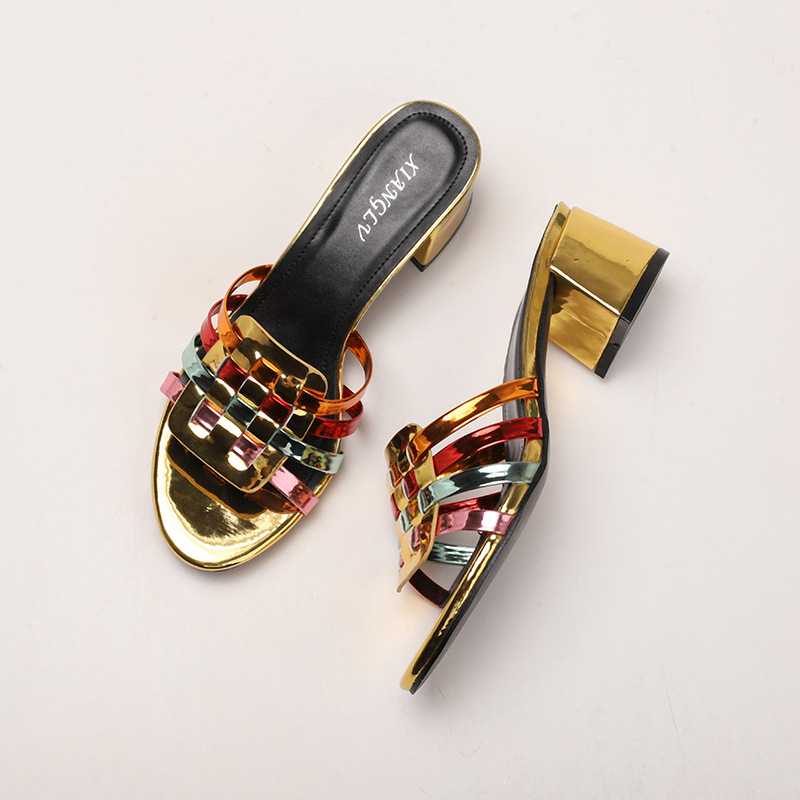 women's thick heels, colorful open toe slippers, fashionable wedding party, one line slippers, outdoor beach casual slippers