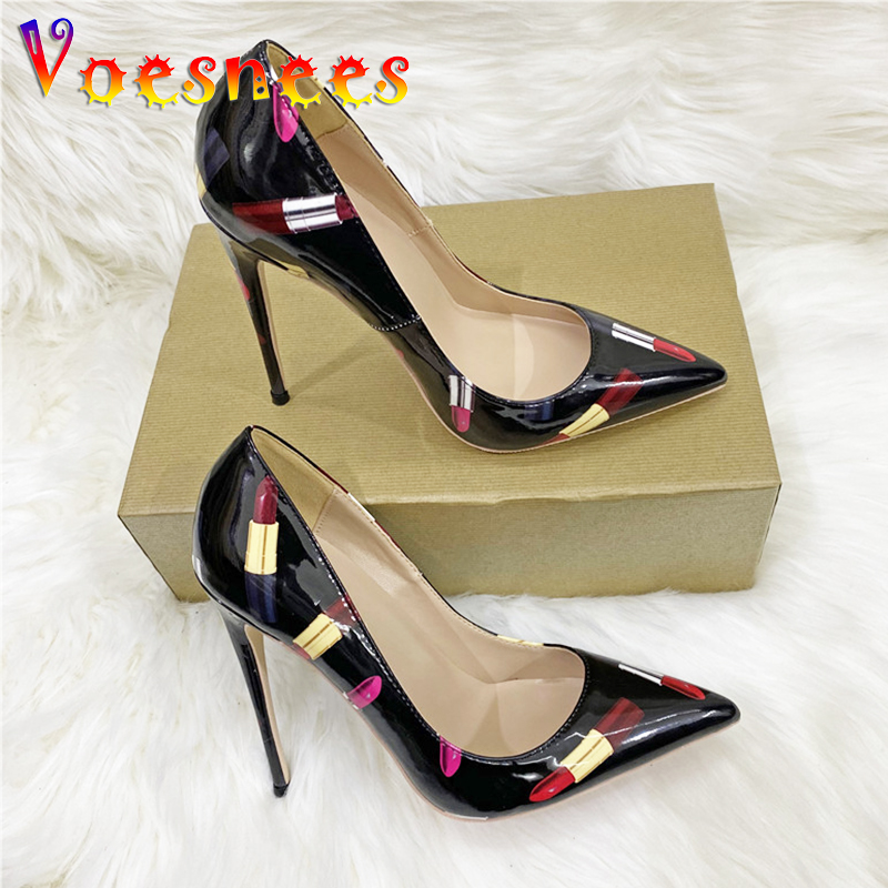 Designer Lipstick Print High Heels Nightclub Black Pointed Tip French Single Shoes 10CM Fashion Fetish Women's Pumps Big Size