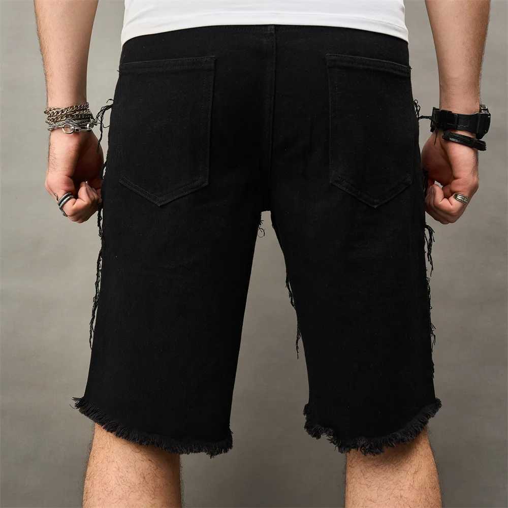 New Summer Streetwear Men Ripped Splicing Slim fit Denim Shorts Stylish Male Solid Straight Casual Jean Five-point PantsX240914