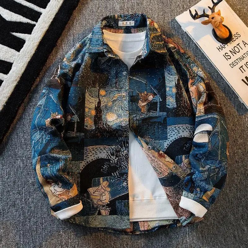American Vintage Van Gogh Oil Painting Long-sleeved Shirt Mens Loose High Street Casual Shirts Jacket Men Tops Male Clothes 240905