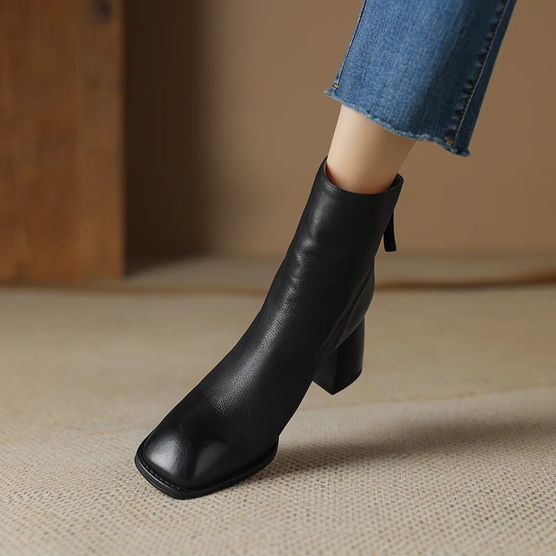 2024 Autumn/winter High Heels Square Toe Short Boots Women Office Gladiator Lady Shoes Genuine Leather 62ca