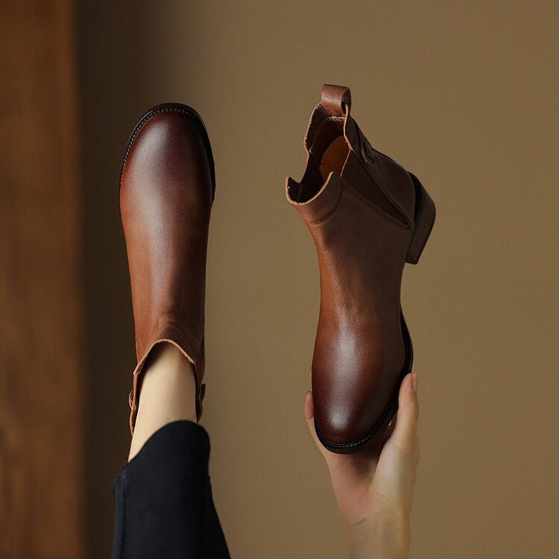 Autumn NEW Round Toe Low Heel Genuine Leather for Retro Black Ankle Boots Winter Women Shoes 804f