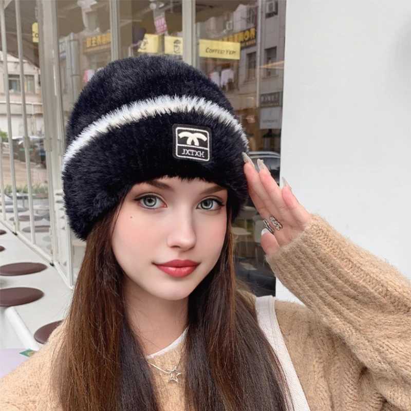 Beanie/Skull Caps A thick and warm knitted hat for autumn and winter women set with wool hat and solid color hat J240913