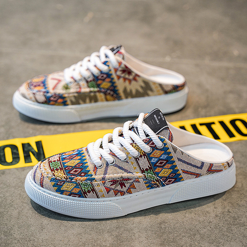 Summer New Trend Printed Canvas Young Casual Men's Board Shoes Half Slippers