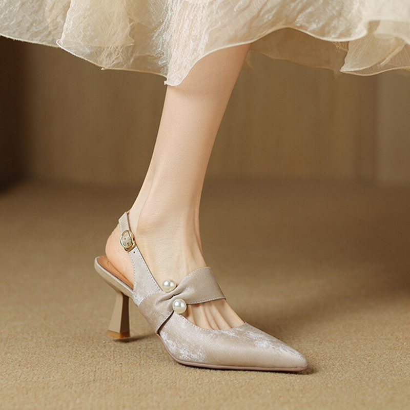 Summer NEW Split Leather for Pointed Thin Heel Cover Toe Sgback Shoes Women New Pearl Sandals 0d70