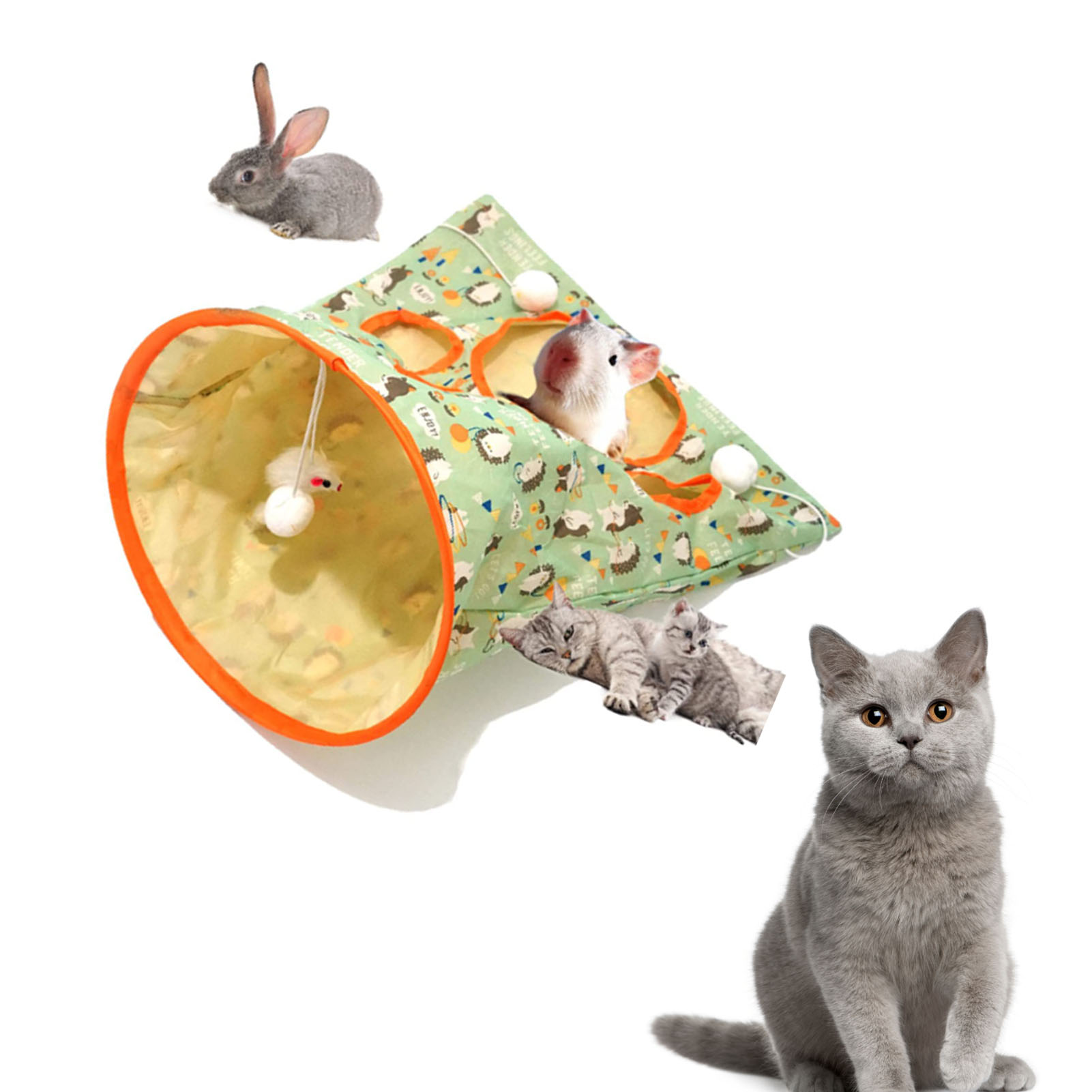 Cat Tunnel Bag Foldable Interactive 5 Holes Crinkle Sounds Tunnel Pet Drill Bucket With Plush Balls For Cats Kittens