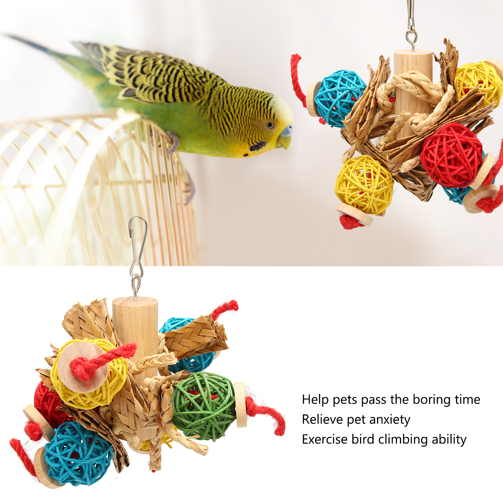 Parrot Chewing Swing Toy Colorful Anxiety Relief Interactive Safe Parrots Chew Toys With Rattan Ball For Birds