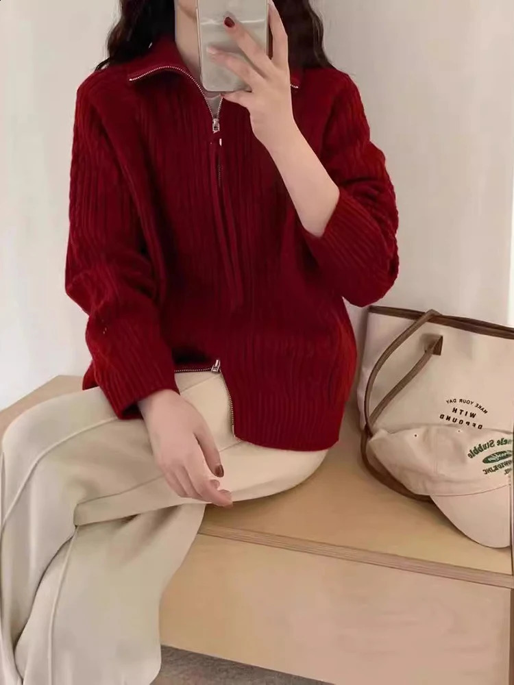 Aoaiiys Cardigan Women Zipper Knitted Casual Loose Long Sleeve Sweaters Korean Style Autumn Winter Fashion Female Cardigans 240904