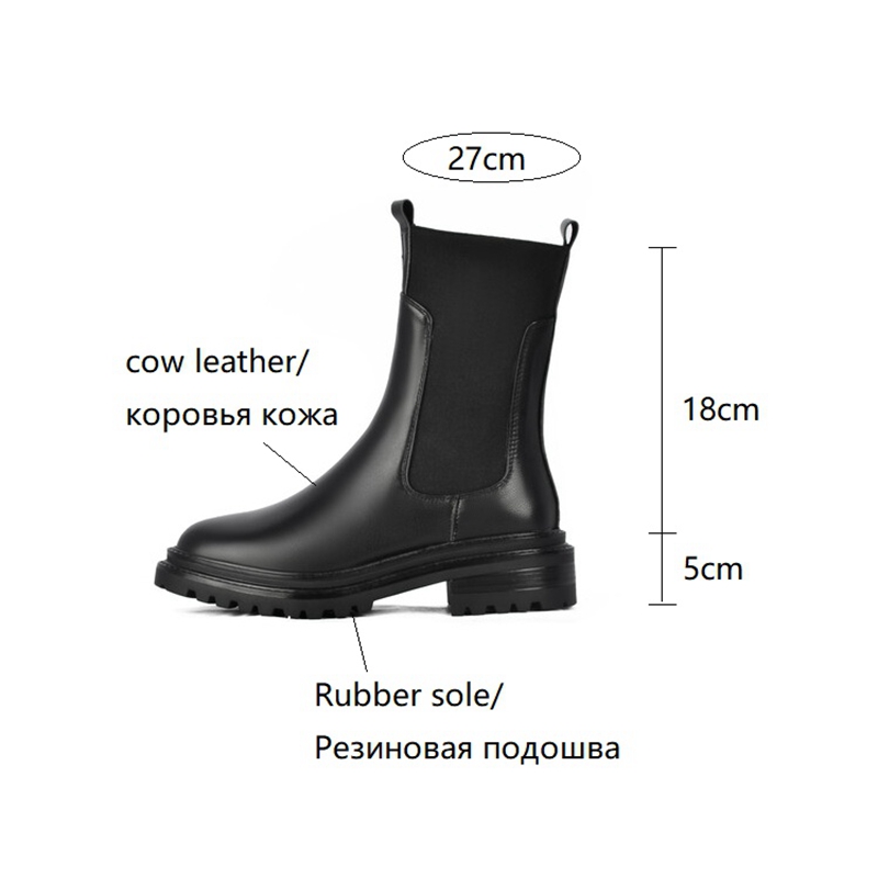 Ankle Autumn Round Toe Chunky Heel Genuine leather Slip-on Black Boots Winter Shoes Women 1646