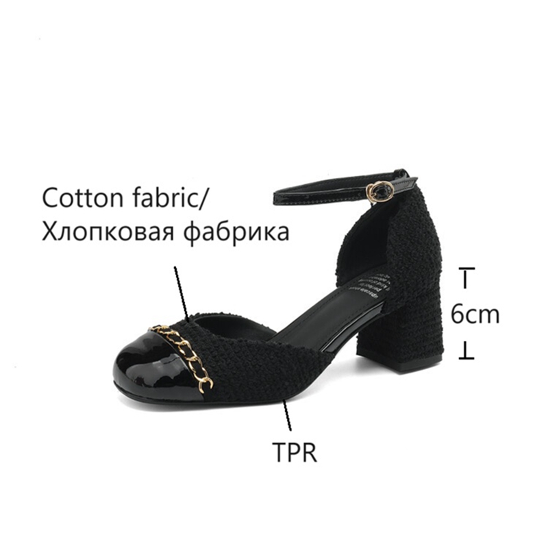 Summer NEW Cotton Fabric for Women Chunky Round Toe Cover Heel Sandals Splicing Chain Shoes bf59