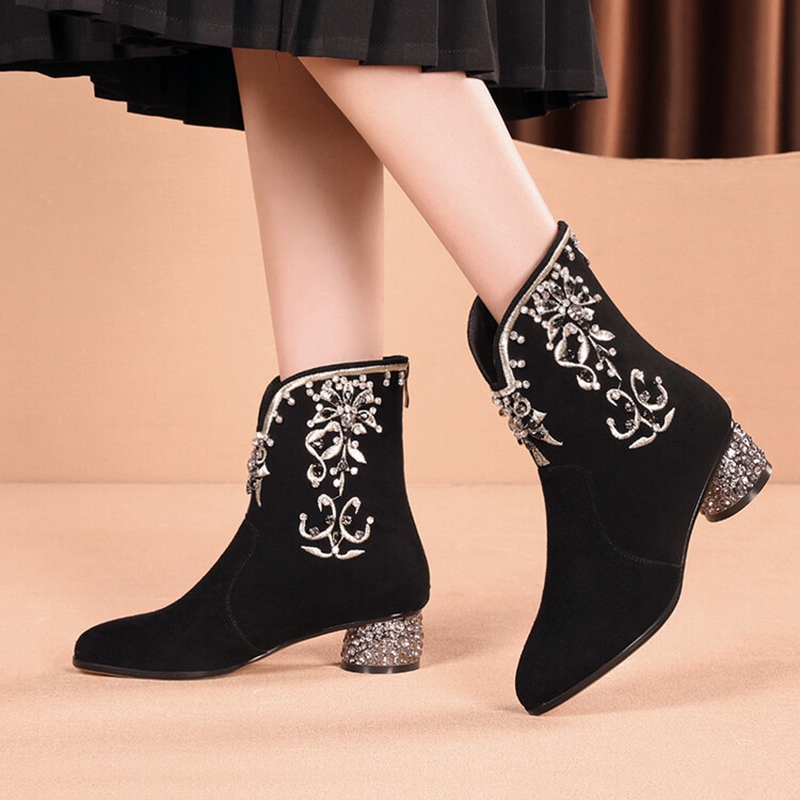 Autumn NEW Round Toe High Heels Sheep Suede Leather Shoes for Women Ethnic Style Embroidered Chunky Heel Boots 8b37