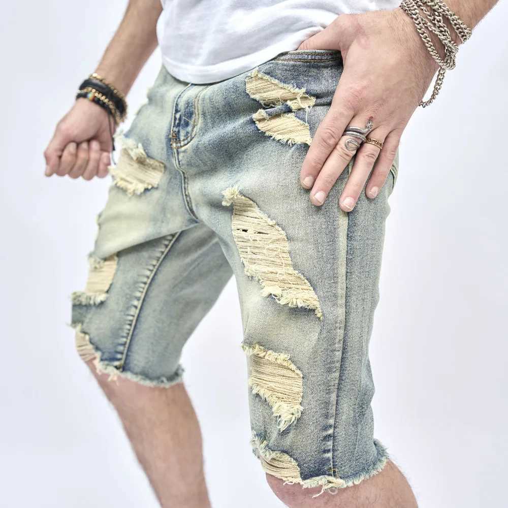 Summer Retro Style Ripped Men Slim Denim Shorts Stylish Cotton Men Street Holes Casual Beach Straight ShortsX240914