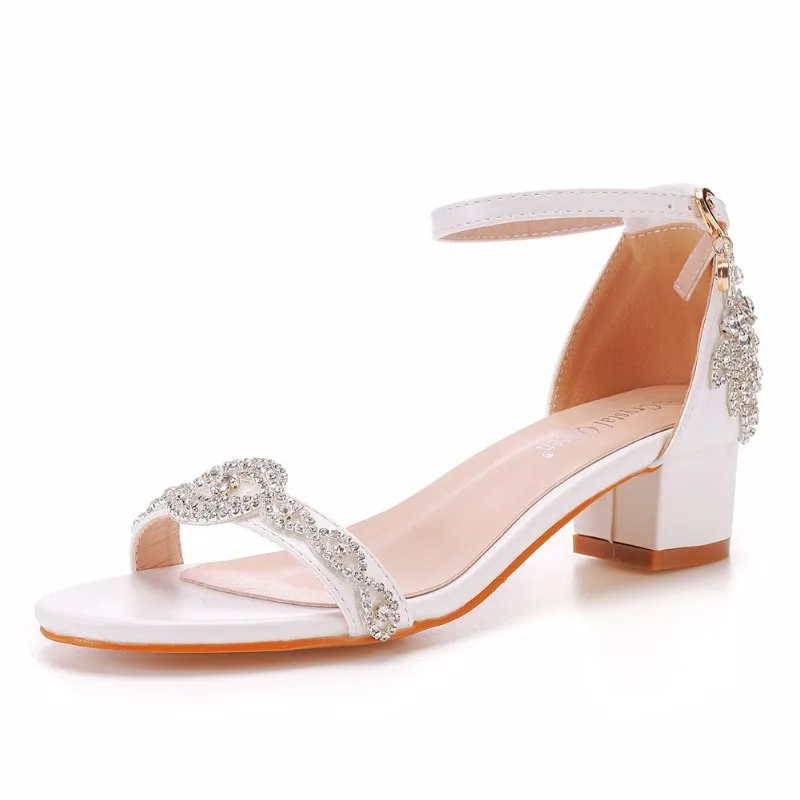 Top-Rated Rhinestone Strap Pumps Sandals for Women Elegant Square Heel Party Dress Shoes White PU Comfortable Fit