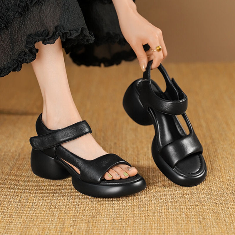 Summer NEW Genuine Leather for Women Round Chunky Open Toe Thick New Heel Shoes Platform Sandals 4283 Platm
