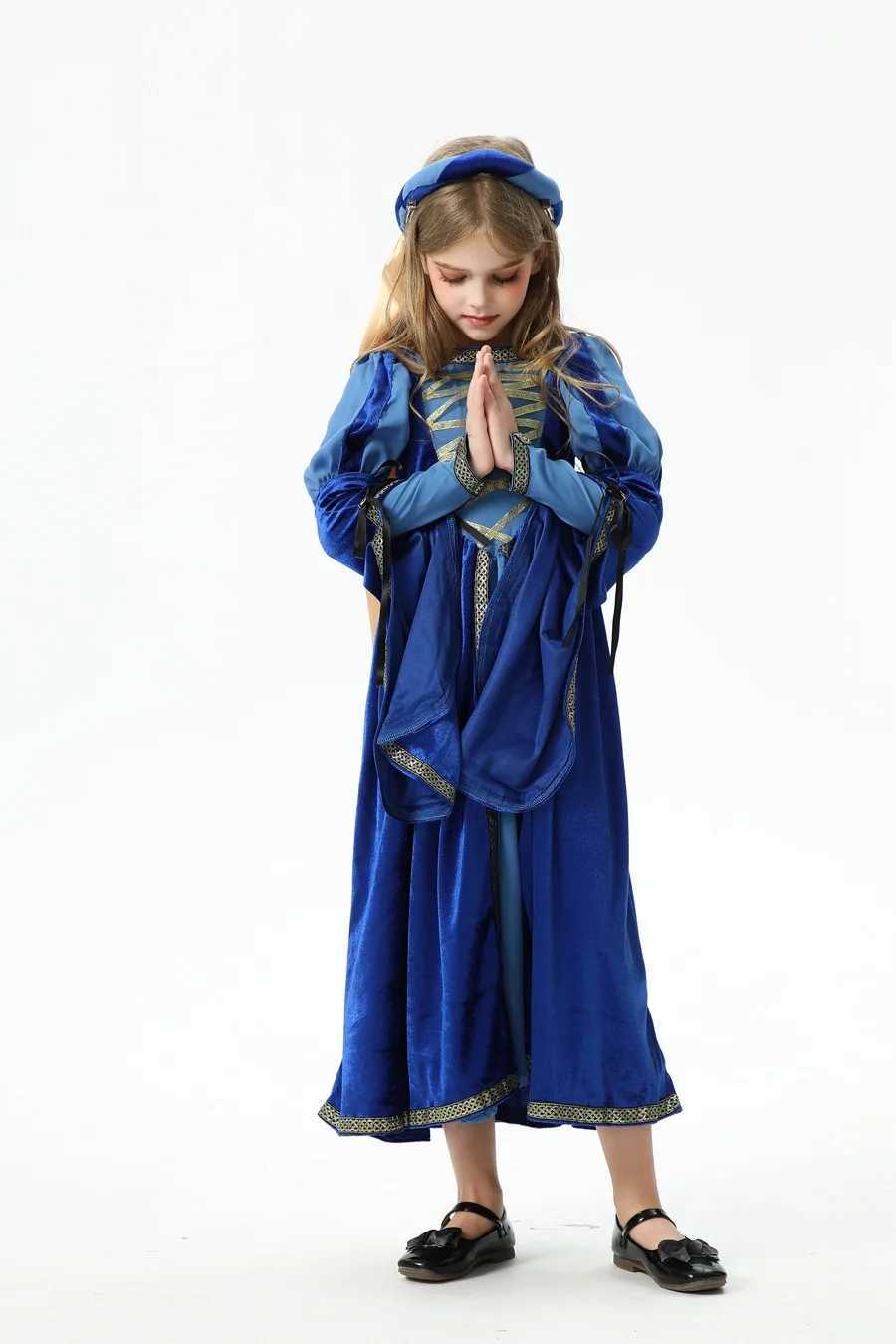 Childrens Vampire Costume Retro Palace Horror Witch Dress Medieval Renaissance Girls Halloween Role Playing Vampire Blue Dress Set W240914