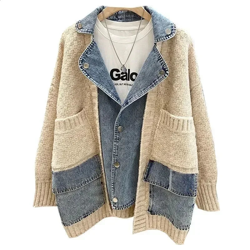 Autumn Winter Women Splicing Denim Jacket Arrivals Stitched Loose Thickened Knitted Sweater Coat Long Sleeve Cardigan Top D46 240904