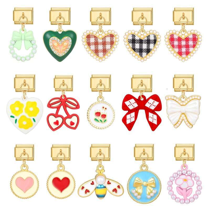 New Women's Gift Gold cute bow heart Pendant Italian Charms Links Bangle Beads Fit 9mm Stainless Steel Bracelet Making DIY For Women Fashion Jewe