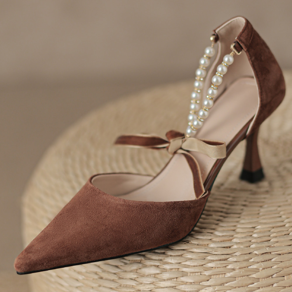 women's danxuefei natural suede leather thin high heel pointed toe ankle strap pumps elegant New ladies beading bowtie summer shoes fe54
