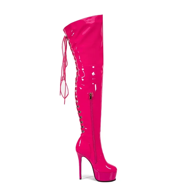 New High-quality Metal Rivet Cross Strap Over The Knee Sexy Hot Girl Pole Dance 15cm High Heel Motorcycle Boots Size 35-48