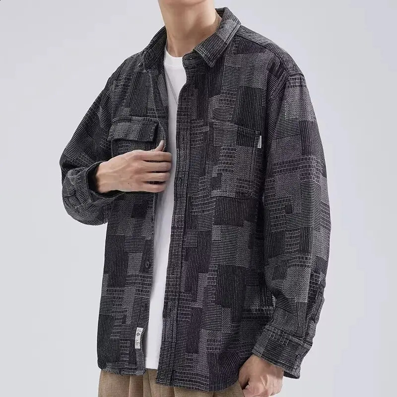Clothing denim shirt jacquard splicing niche long sleeved work mens spring and autumn jacket Japanese retro 240904