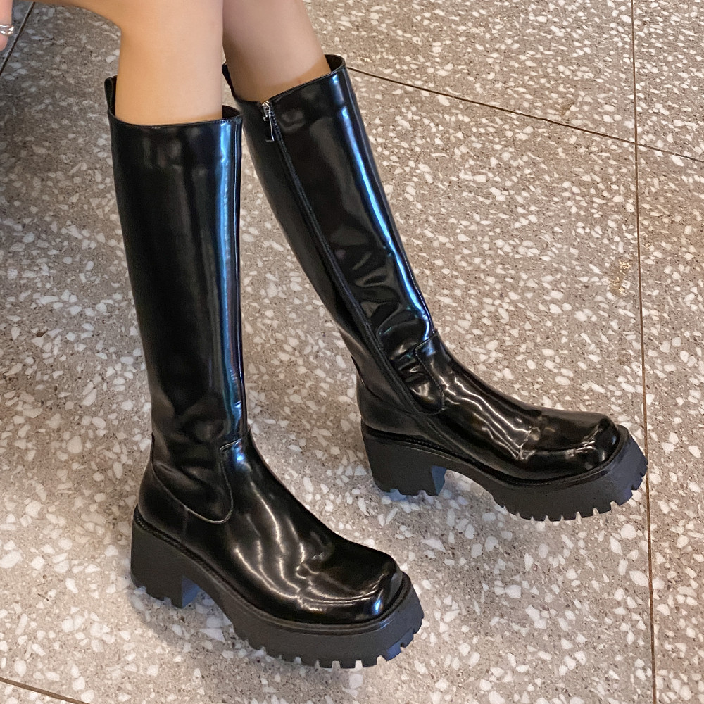 genuine Women's leather chunky heel platform square toe side zip autumn knee high punk female long winter boots shoes sale 0a2b