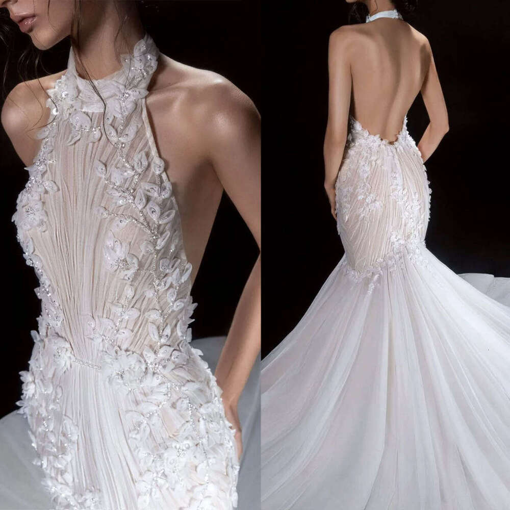 Mermaid Halter Illusion Wedding Dress with Pearls and Beading