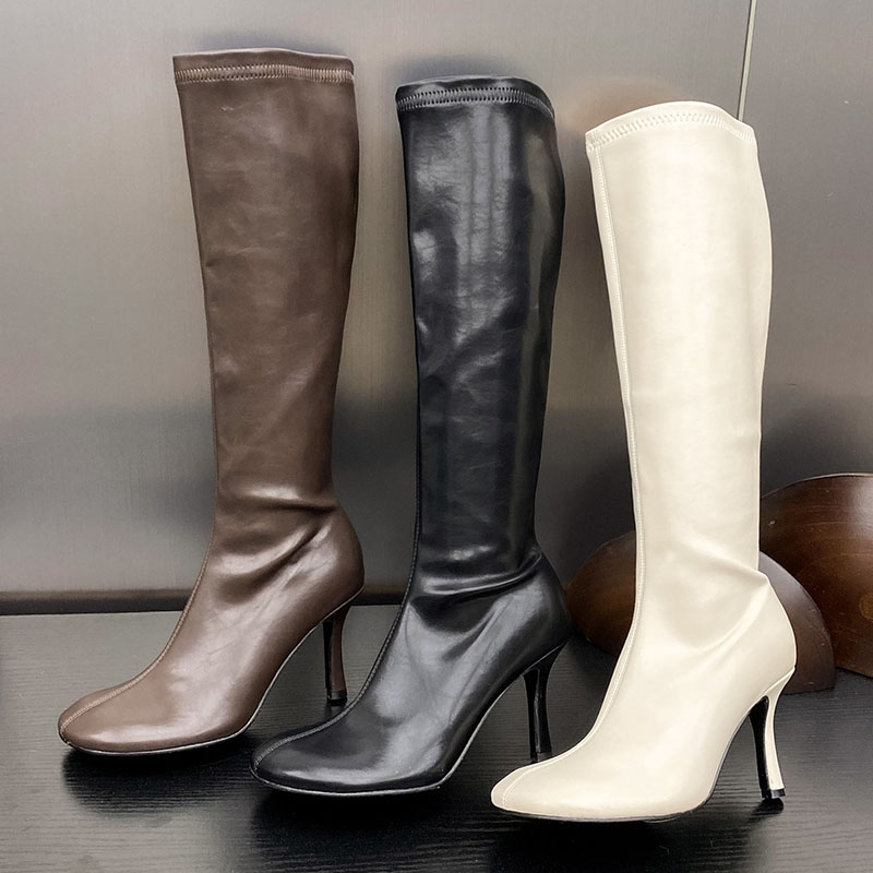 New Footwear Elastic Women Knee High Boots Female Zippers With Thin Heels Shoes Fashion Round Toe Ladies Stretch Booties