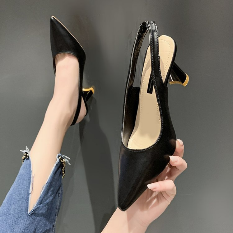 Women's Pumps Flock Slingbacks Nude Black Color Matching Pointed Toe High Heels Party Fashion Office Lady Shoes 2024 New