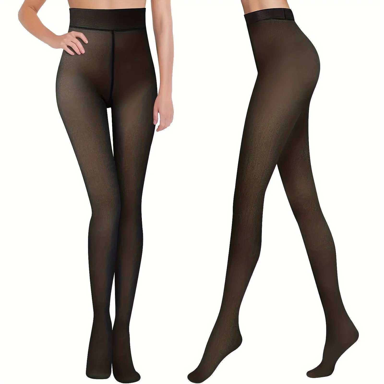 Warm Fleece Lined Tights - Soft and Cozy Thermal Insulation Semi-Sheer Fake Translucent Fabric - Womens Stockings and HosieryX240914