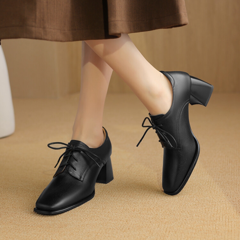 Genuine Spring/Autumn Leather for Square Toe Chunky Women Pumps Lace-up Black High Heel Shoes f005