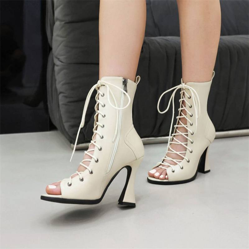 Ankle Sexy Boots For Women Lace-up Hollow Peep Toe Black Beige High Heels Jazz Dance Party Shoes Female Large Size 45 44 4ee2