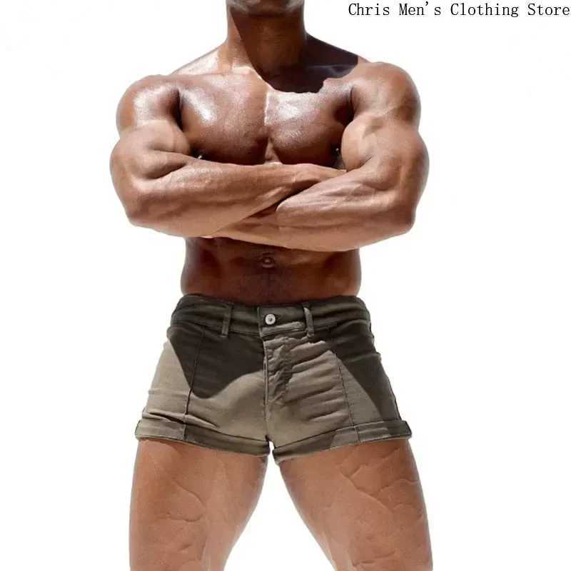 Sports Casual Jeans Summer Shorts Mens Tight Short Shorts Zipper Stretch Slim Mens Shorts Gym and Fitness Training Trousers Y240914