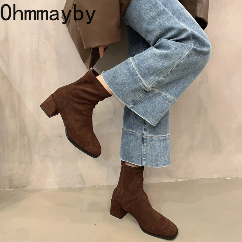 Women Vintage Slim Ankle Boots Fashion Elegant Square Toe Shoes Autumn High Heel Women's Short Booties 9048 's
