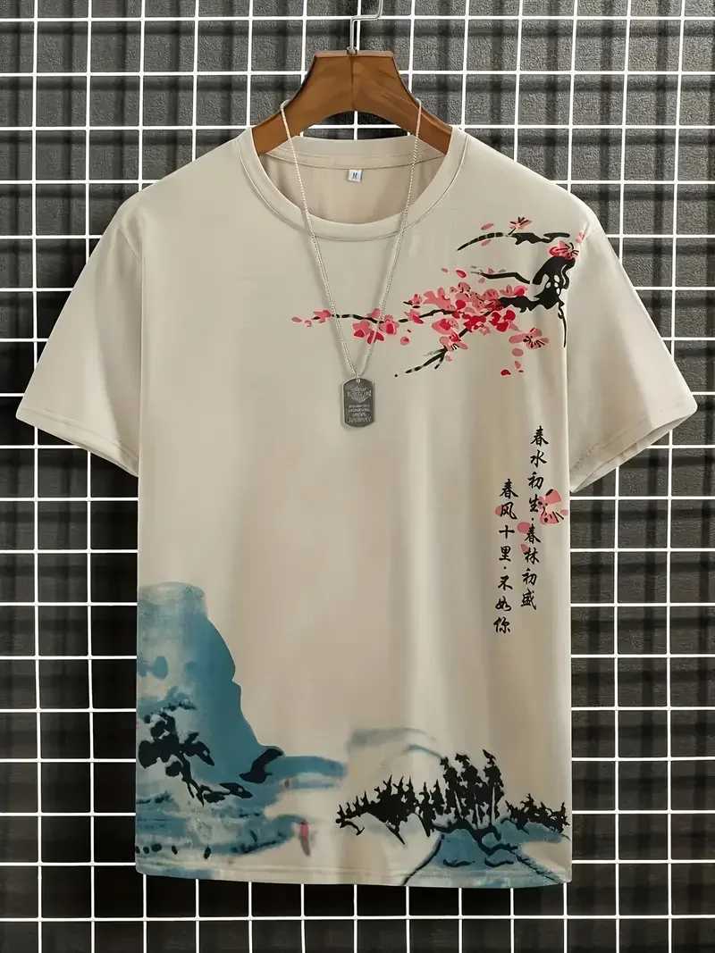 Mens 3D Plum Blossom printed loose short sleeved floral T-shirt Y2k casual streetwear mens trend T-shirt CL240913