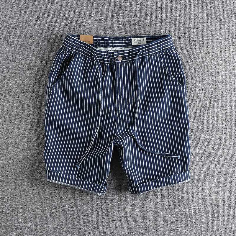 Retro Pinstripe Washed Denim Shorts for Men Blue Casual Loose Straight Half Pants for Youth Male 100% Cotton Harajuku VintageX240914