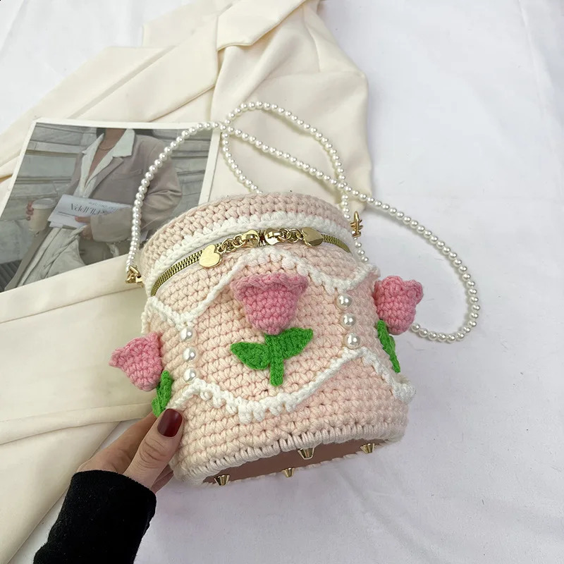Hand woven flower crochet bag knitted bucket shape casual pearl chain shoulder cross shaped 240913