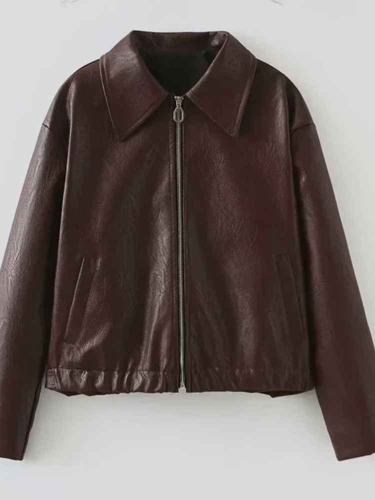 Aoaiiys Faux Leather Jackets For Women Zipper Coats Autumn Winter Turn-Down Collar Jacket New Warm Fashion Streetwear Outerwears