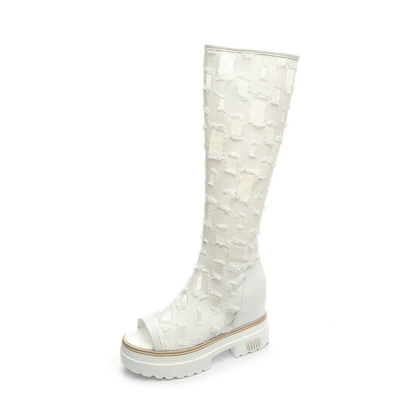 Summer 2024 Ripped Canvas Hollowed Out Fish Mouth Knee-High Thinning Inside Heightening Women Cool Boots 3815