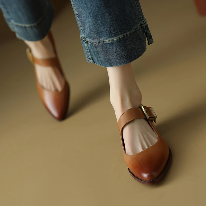 Spring/Fall NEW Pumps Genuine Leather for Women Pointed Toe New Chunky Mid-Heel Mary Janes Retro Belt Buckle Shoes 91c9