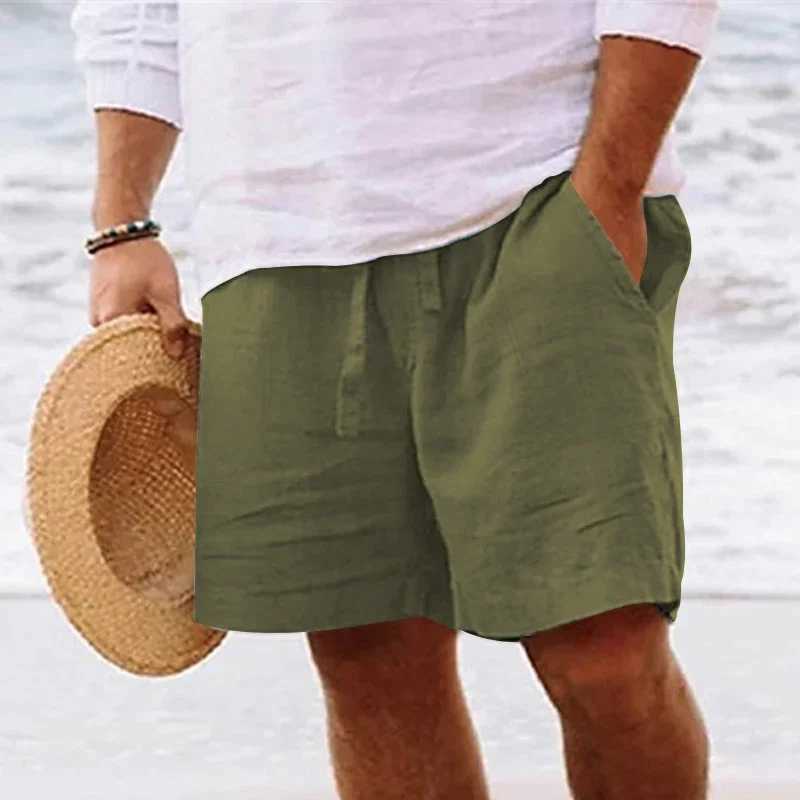 Mens summer cotton and linen shorts with drawstring elastic waist straight legs solid color breathable daily beach capris Y240914