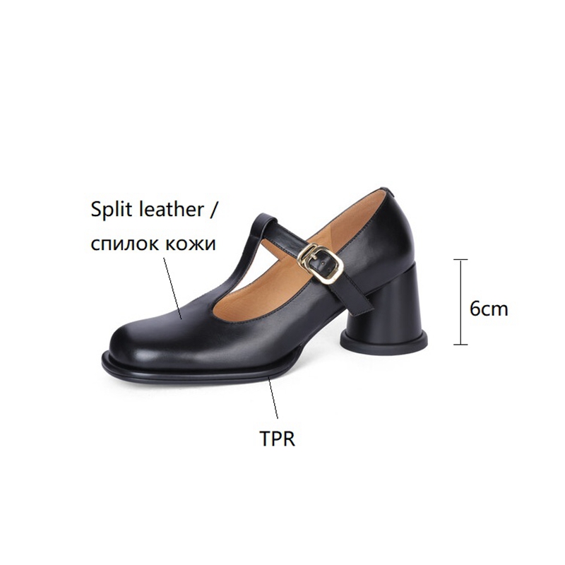 2025 new Spring 2023 Pumps Split Leather for Women Toe Chunky Retro Round Heel Mary Janes Solid Black Shoes 0d29