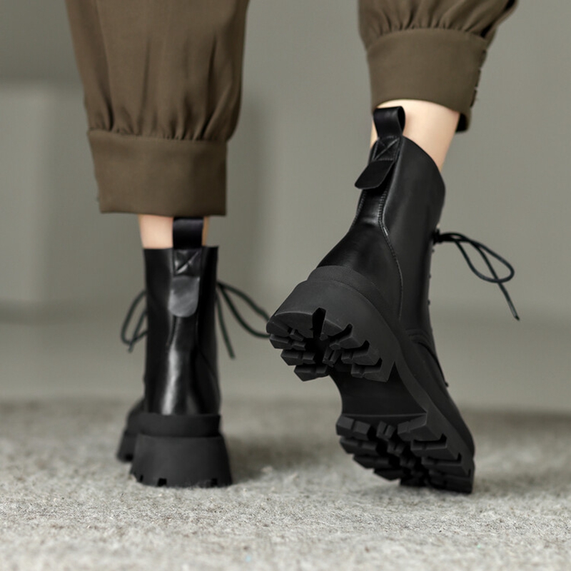 Round Autumn Toe Thick Heel Concise Lace-up Shoes for Women Winter Platform Short Designer Boots b417 Platm