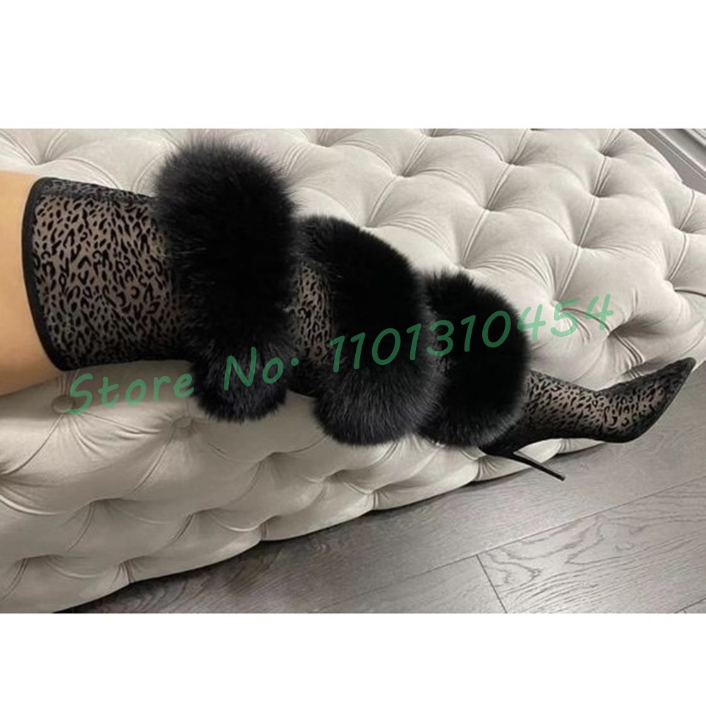 Fur Strap Stretch Thigh High Boots Ladies Leopard Mesh High Heels Women Shoes Spring New In Streetwear Fluff Sexy Black Boots