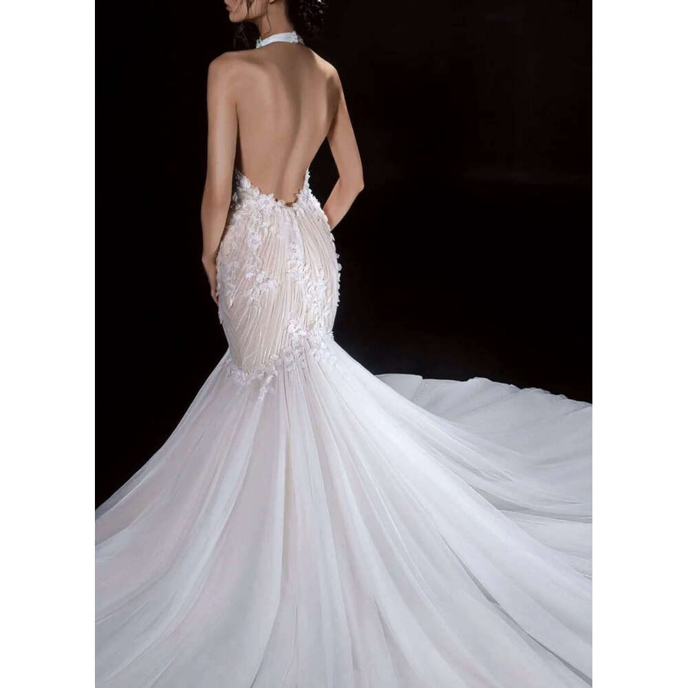Mermaid Halter Illusion Wedding Dress with Pearls and Beading